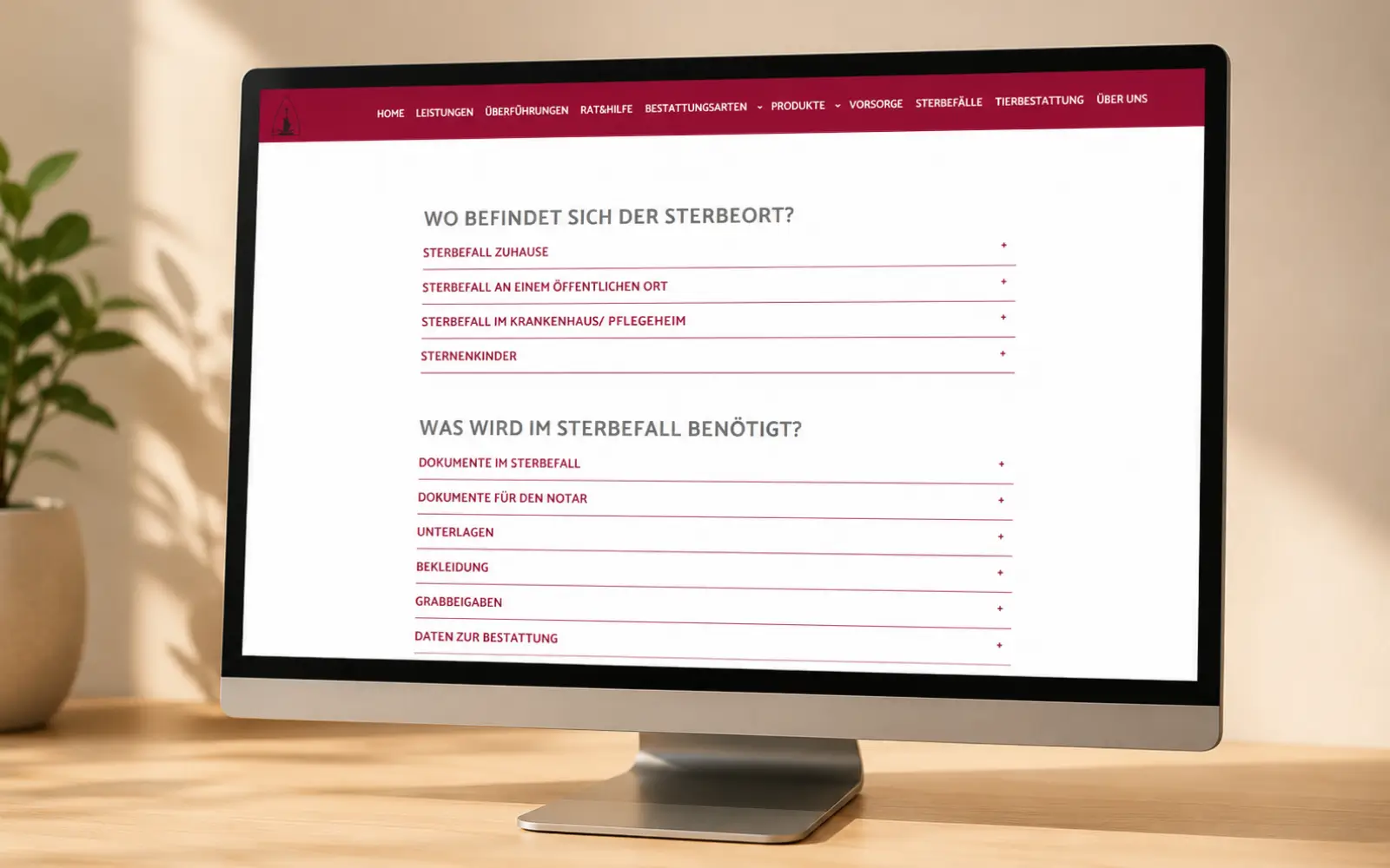 Rat-und-Hilfe-Bereich von Bestattung Sammer als Desktop-Mockup auf einem Monitor