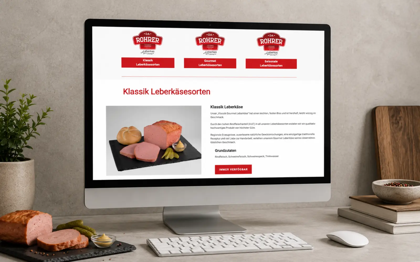 Da ROHRER – Desktop Mockup Klassik Leberkäsesorten Unterseite „Klassik Leberkäsesorten“ von Da ROHRER auf einem Desktopbildschirm