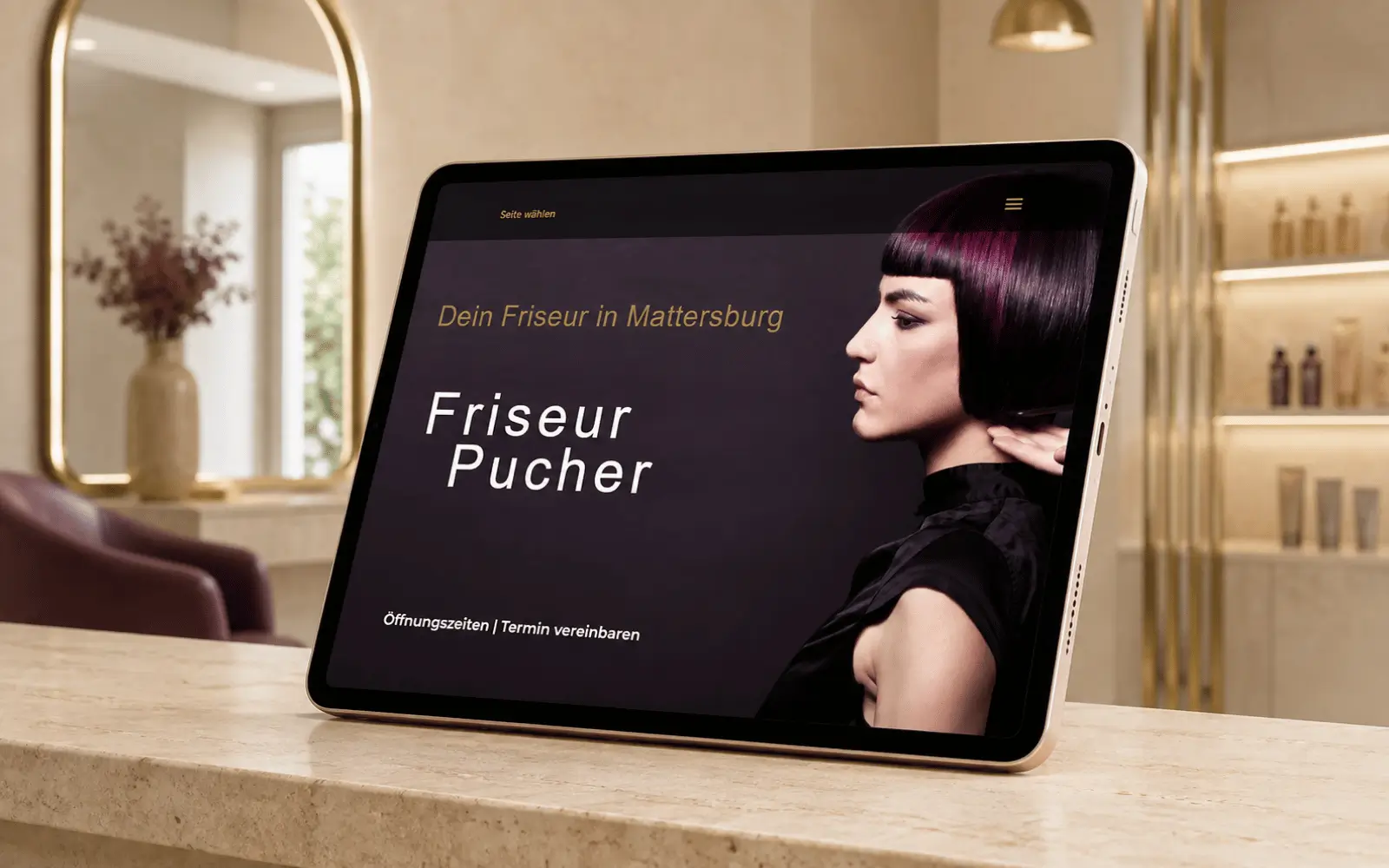 Startseite der Website von Friseur Pucher 3.0 als Tablet-Mockup in einem Friseursalon
